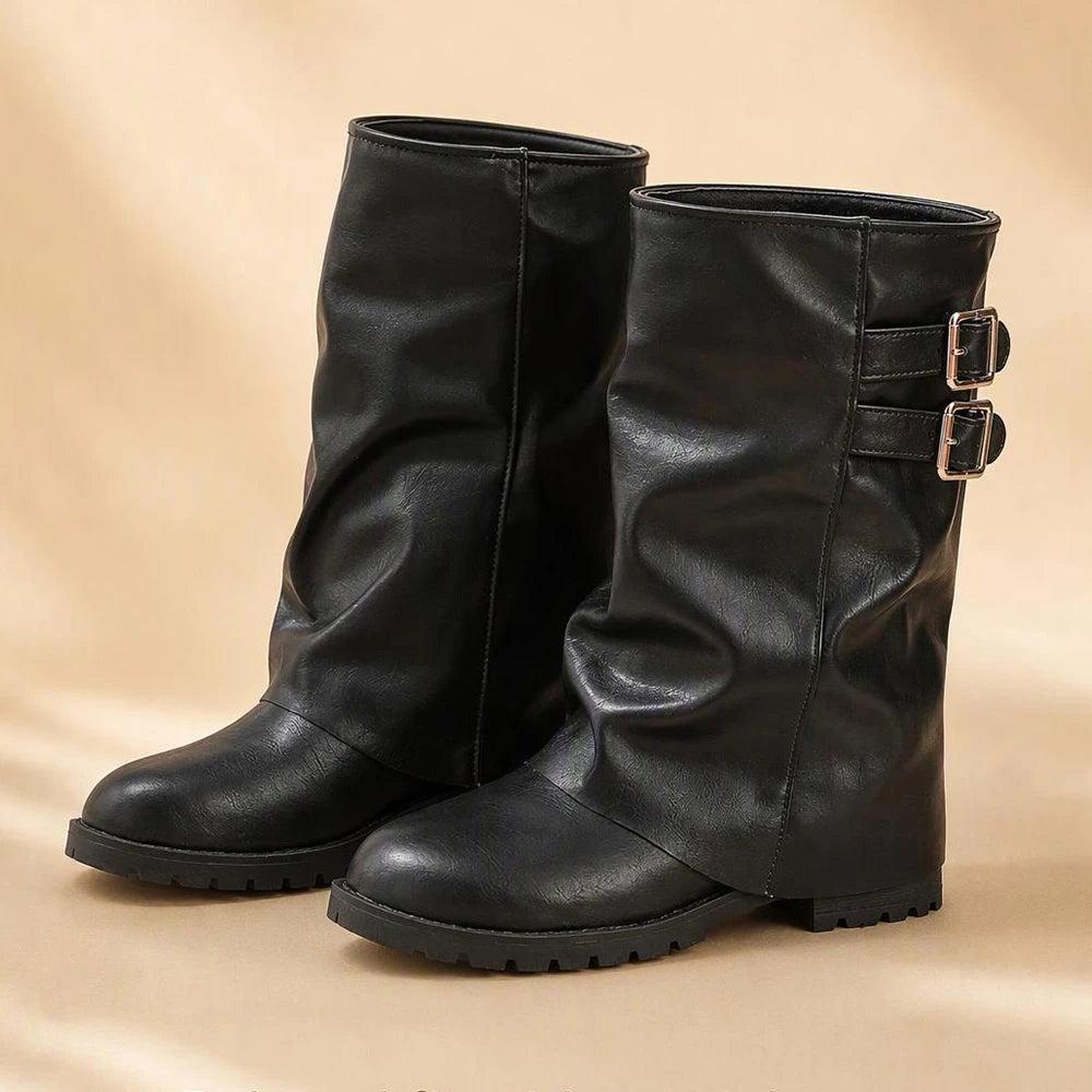 Women's Vintage Foldover Buckle Slouch Mid-Calf Boots | MILEVALE