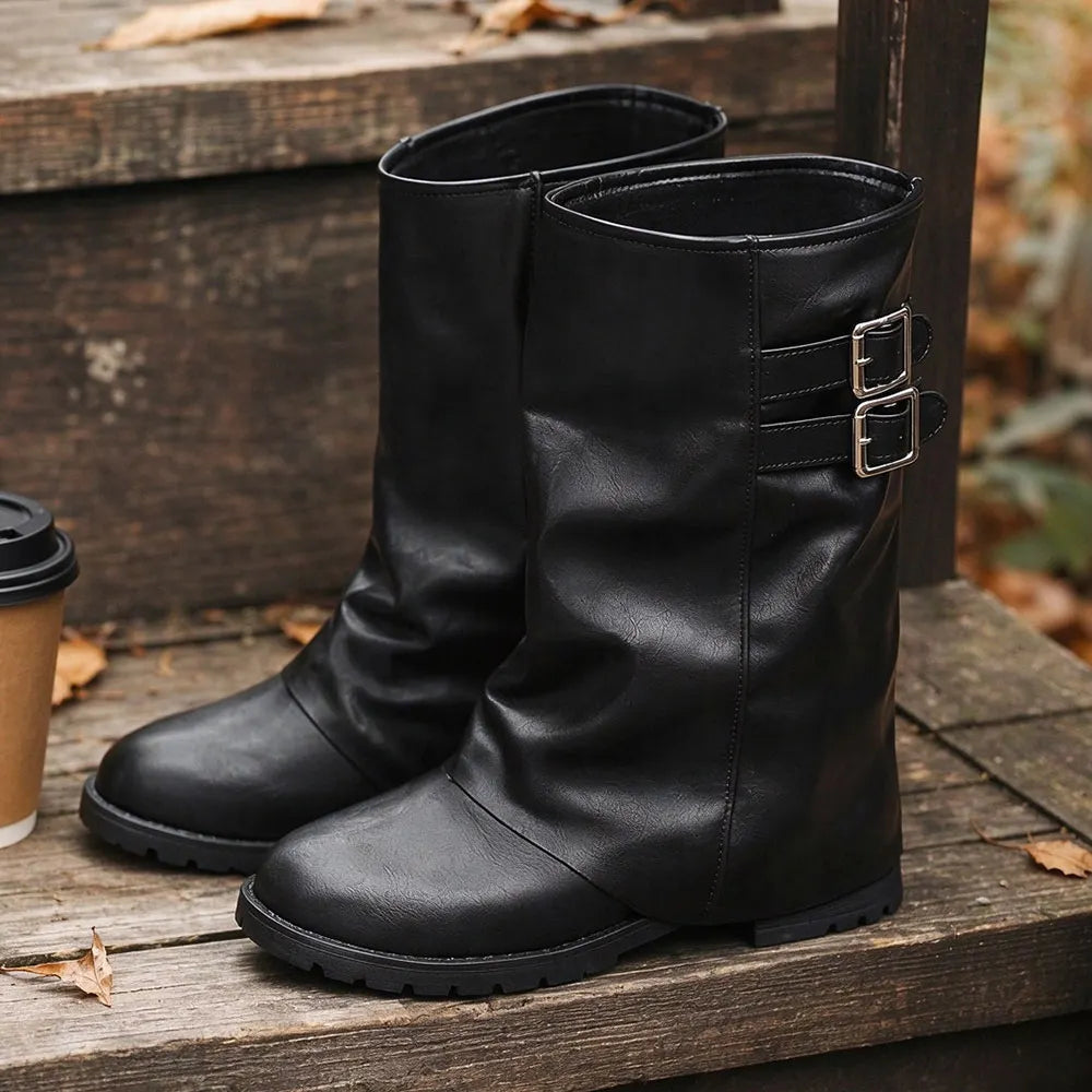 Women's Vintage Foldover Buckle Slouch Mid-Calf Boots | MILEVALE
