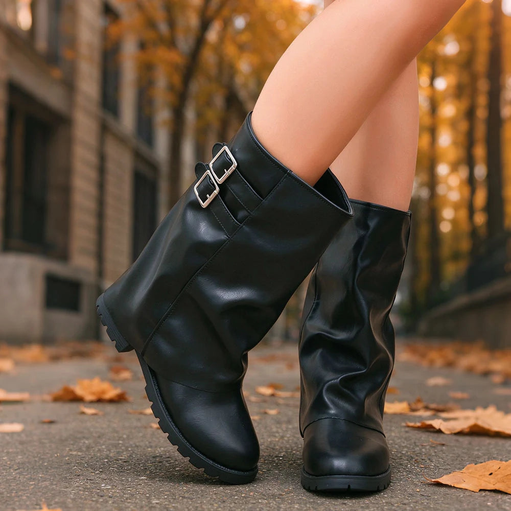 Women's Vintage Foldover Buckle Slouch Mid-Calf Boots | MILEVALE