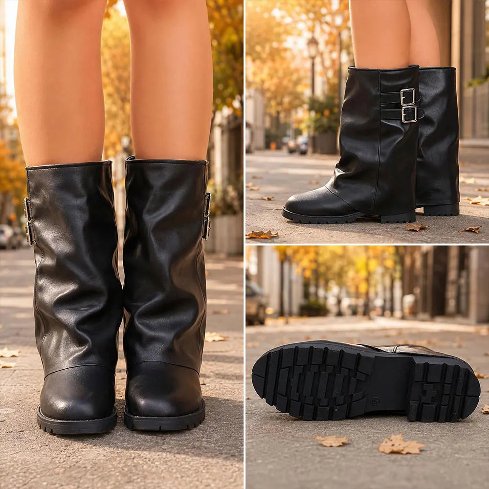 Women's Vintage Foldover Buckle Slouch Mid-Calf Boots | MILEVALE
