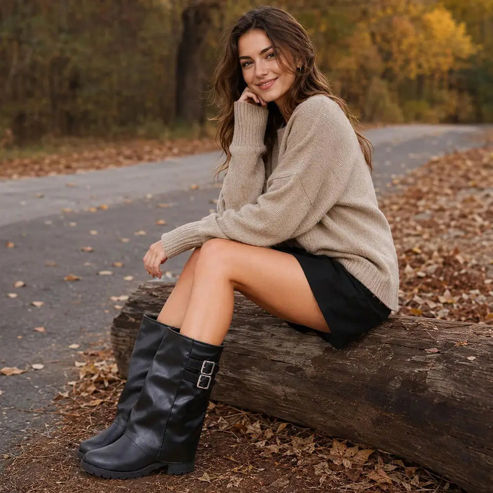 Women's Vintage Foldover Buckle Slouch Mid-Calf Boots | MILEVALE
